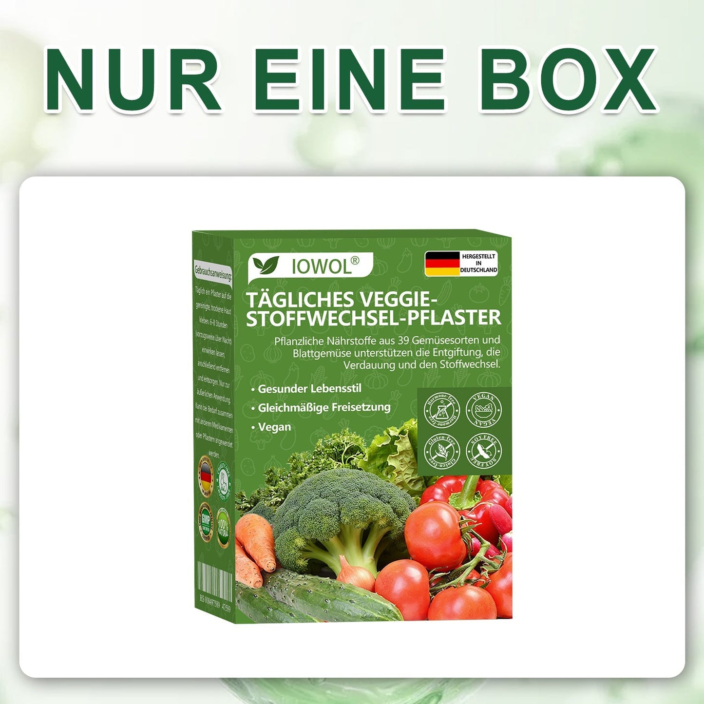 🥦Offizieller Store | IOWOL® Daily Vegetable Metabolic Patch unterstützt Entgiftung, Verdauung und metabolischen Reset mit organischen Gemüseextrakten und Phytonährstoffen aus 39 Gemüsen und grünen Pflanzen, für mehr Energie und Wohlbefinden.