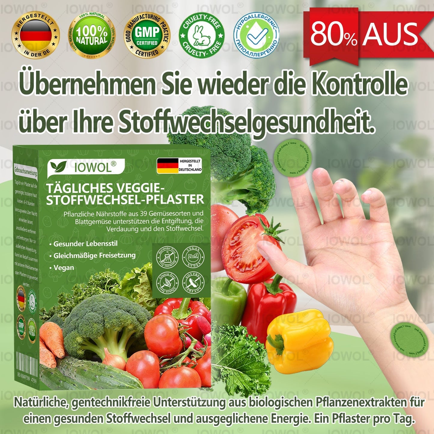 🥦Offizieller Store | IOWOL® Daily Vegetable Metabolic Patch unterstützt Entgiftung, Verdauung und metabolischen Reset mit organischen Gemüseextrakten und Phytonährstoffen aus 39 Gemüsen und grünen Pflanzen, für mehr Energie und Wohlbefinden.